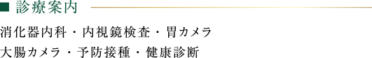 診察案内:消化器内科・内視鏡検査・胃カメラ大腸カメラ・予防接種・健康診断
