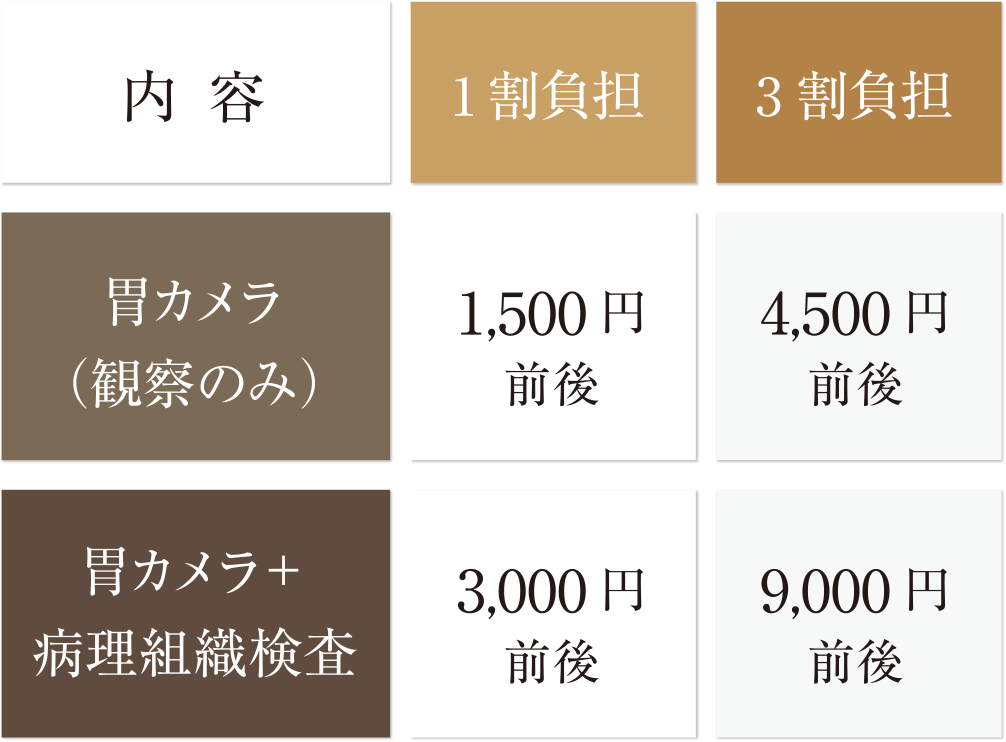 胃カメラ（観察のみ）1割負担：1,500円前後、3割負担：4,500円前後。胃カメラ＋病理組織検査1割負担：3,000円前後、3割負担9,000円前後。